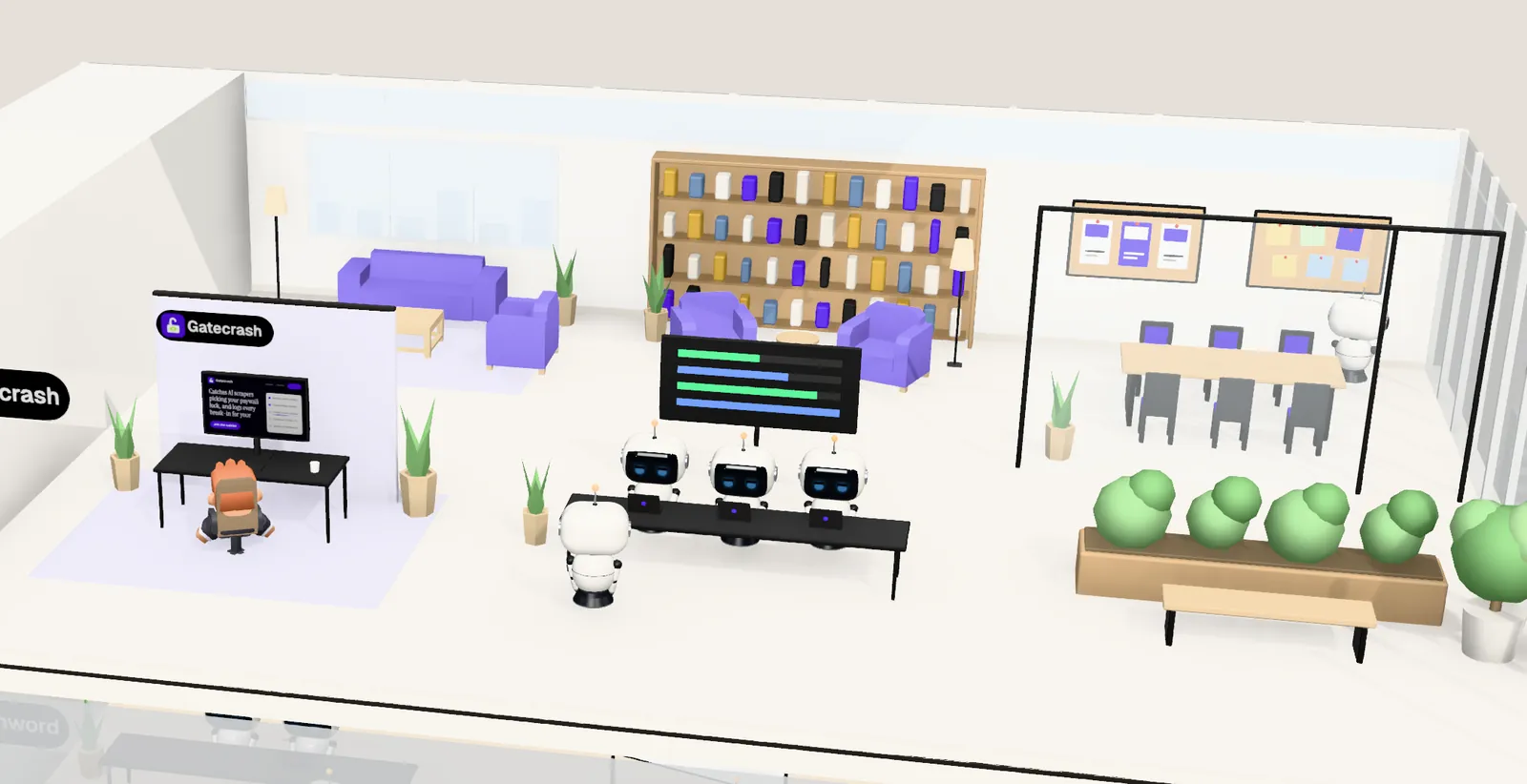 Gatecrash’s office on floor 30 of Tower 2: the owner’s desk with the website on screen, the agents’ bench, a meeting room and a library